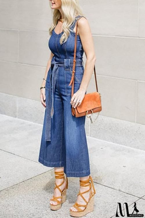MidiSono - Sleeveless Belted Denim Jumpsuit