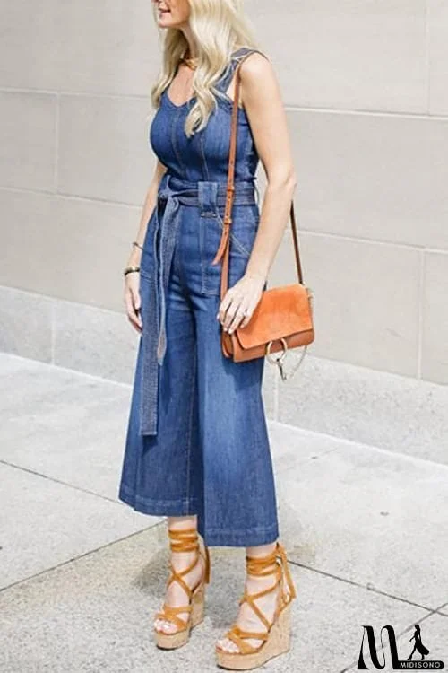 MidiSono - Sleeveless Belted Denim Jumpsuit