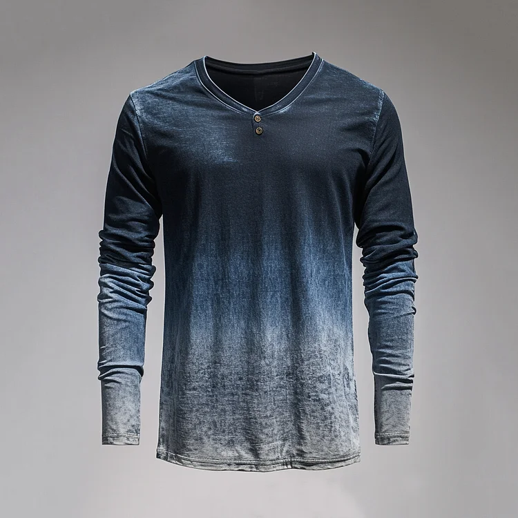 Men's Ombre Pattern V Neck Button Long Sleeve T-Shirt