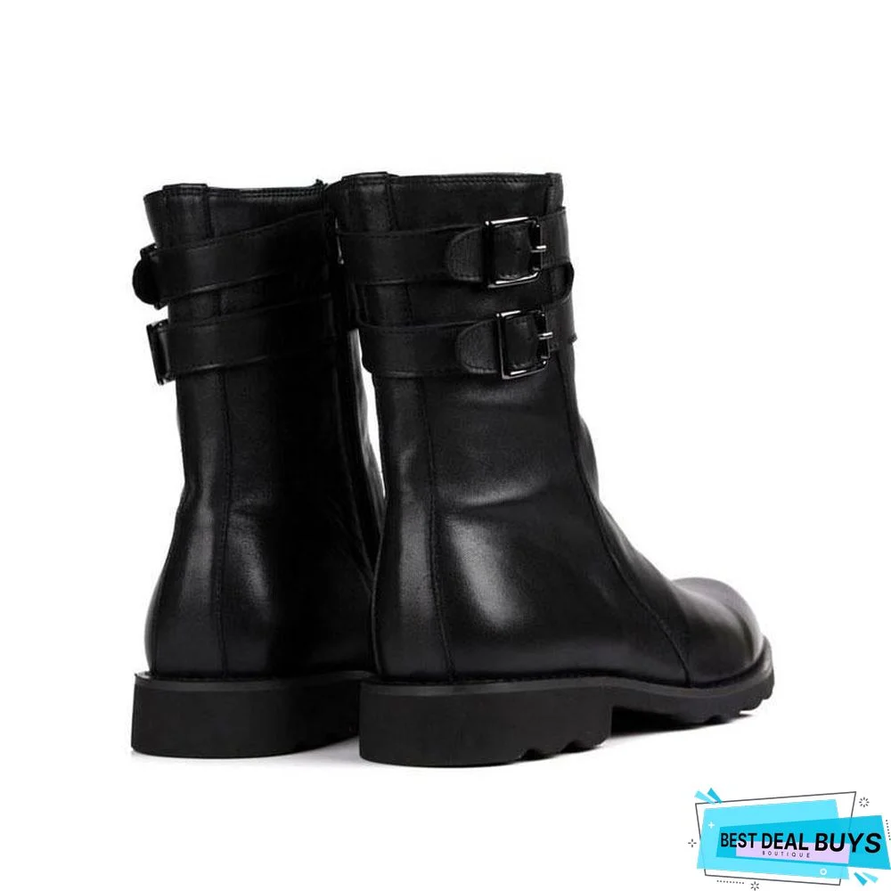 Buckle Design Mens Punk Motorcycle Boots Luxury Genuine Leather Flats Shoes Male High Top Casual Zip Boots