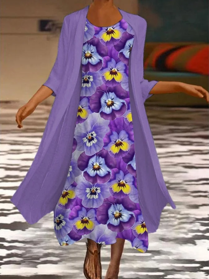 Women's Pansy Floral Pattern Print Two-Piece Dress