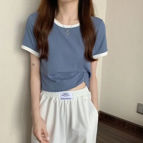 Uveng Uveng Color Round Collar Short-Sleeved T-Shirt Female 2024 New Summer Bottom Shirt Korean Version Slim Short Student Top Tide