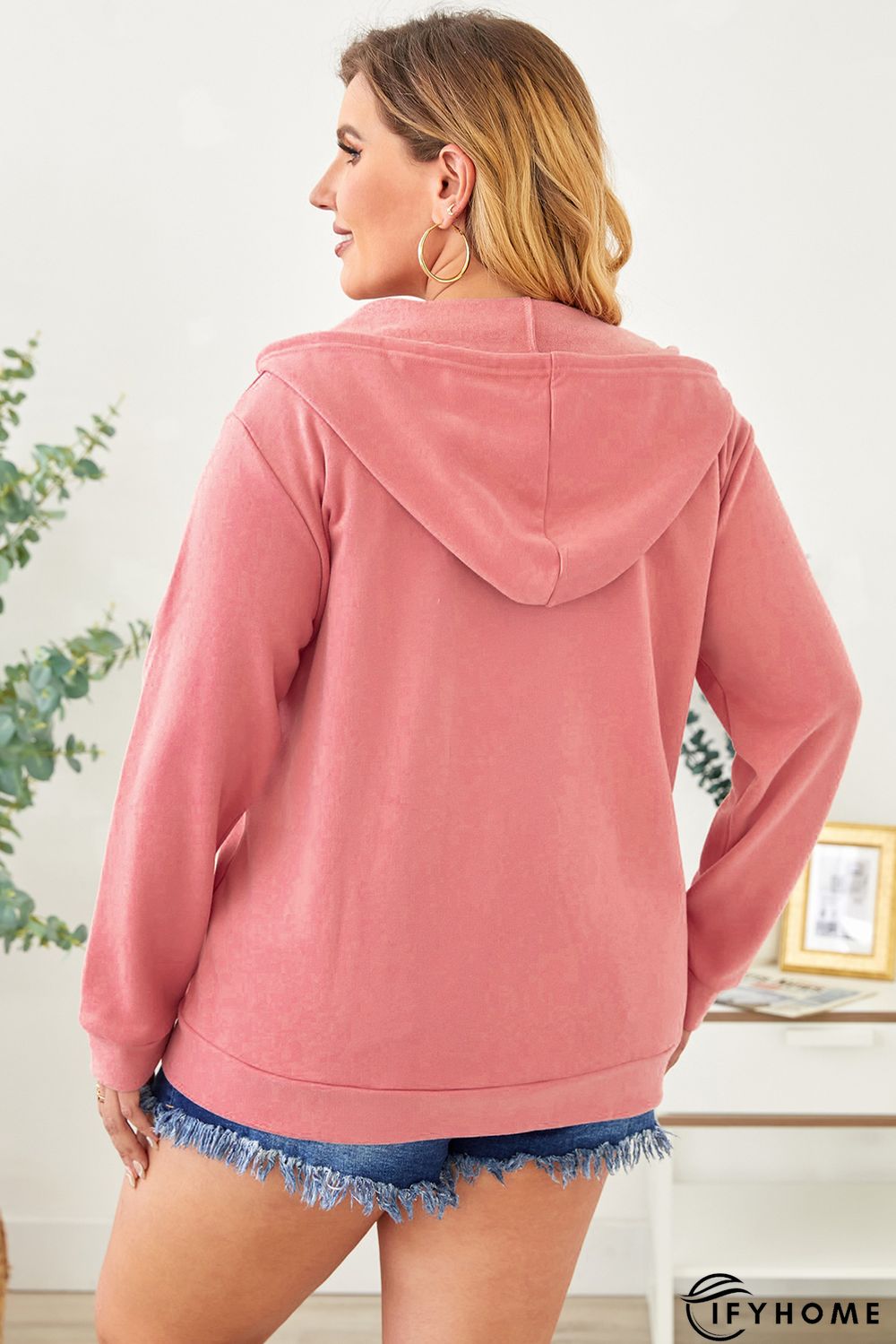 Pink Blue Blue Plus Size Zipper Down Hooded Coat with Pocket | IFYHOME