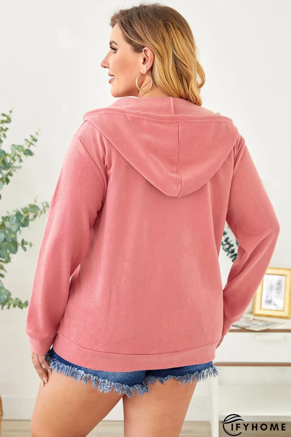 Pink Blue Blue Plus Size Zipper Down Hooded Coat with Pocket | IFYHOME