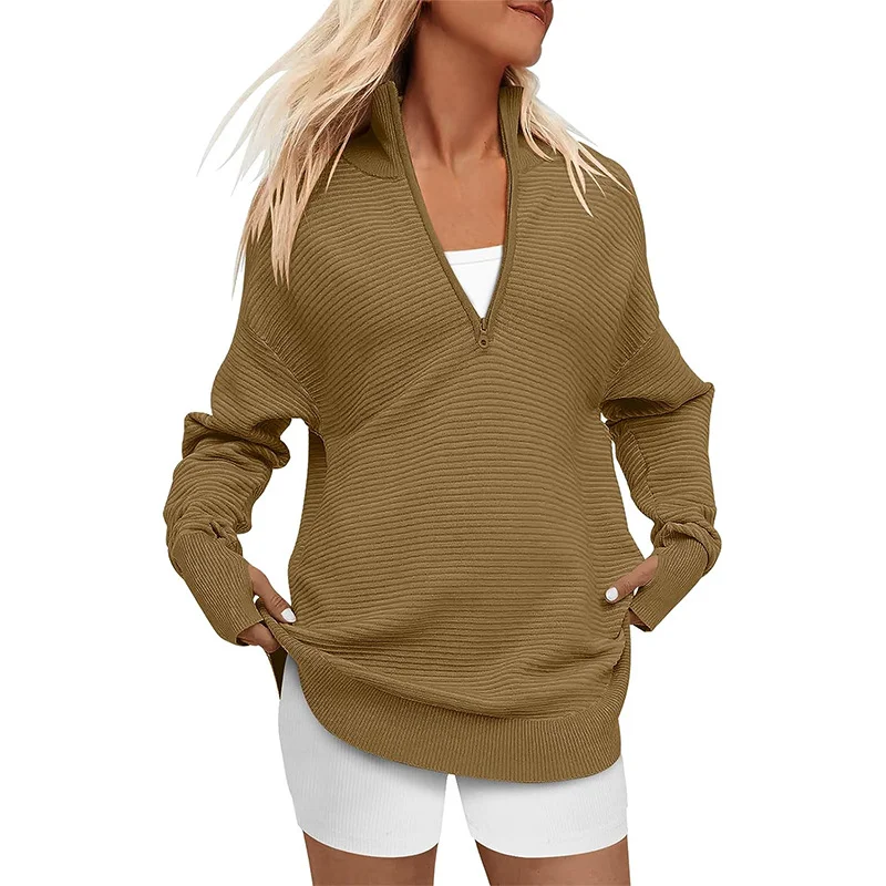 Wongn Wongn Hot Style Women's Long Sleeve Half Zipper V-Neck Casual Rib Knit Sweater Women's Jumper