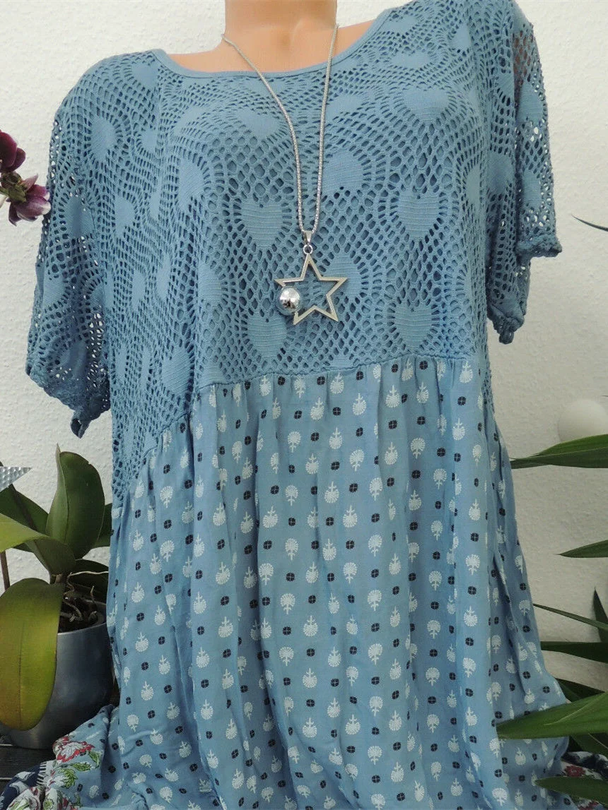 Women Short Sleeve Scoop Neck Floral Printed Lace Stitching Tops