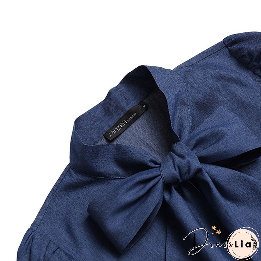 Women Long Sleeve Shirt Elegant Blouse Tunic Bow Tie Denim T-Shirts Plus Size