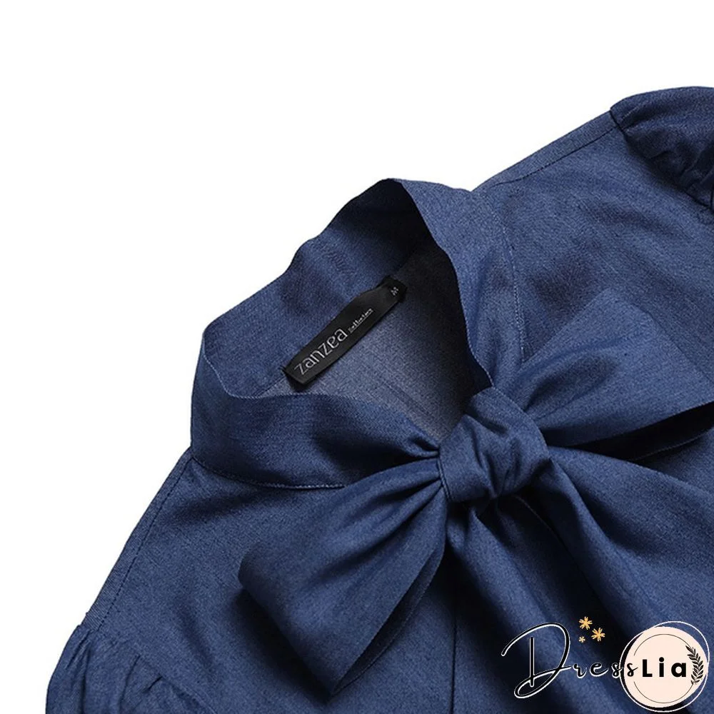 Women Long Sleeve Shirt Elegant Blouse Tunic Bow Tie Denim T-Shirts Plus Size