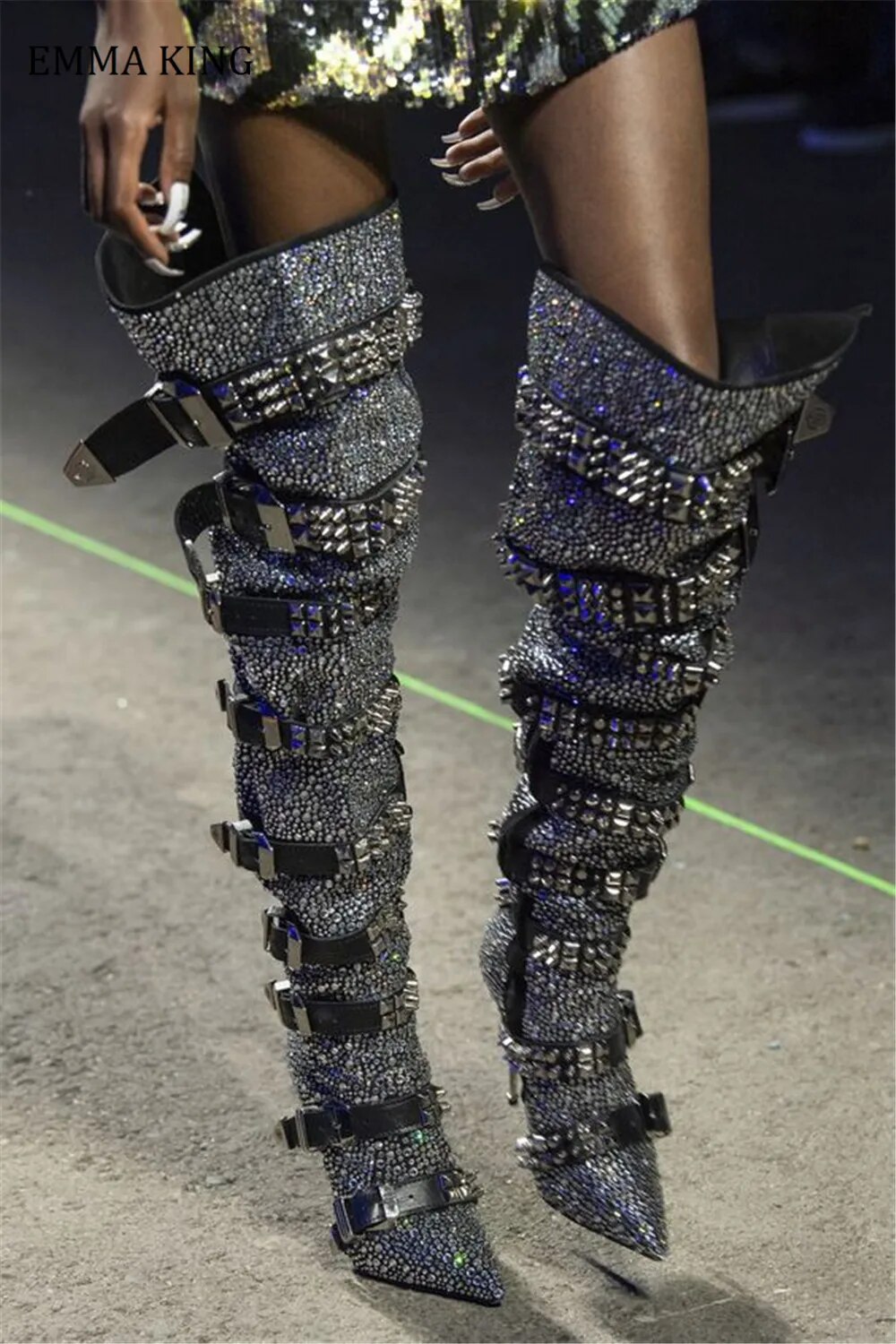 VCSHOES Women Rhinestone Thigh High Boots Pointed Toe Metal Stiletto Heels Over-the-knee Boots Ladies Long Boots