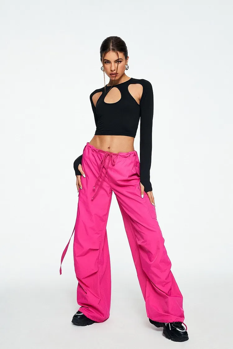 Drawstring Waist Pocket Patched Parachute Pants