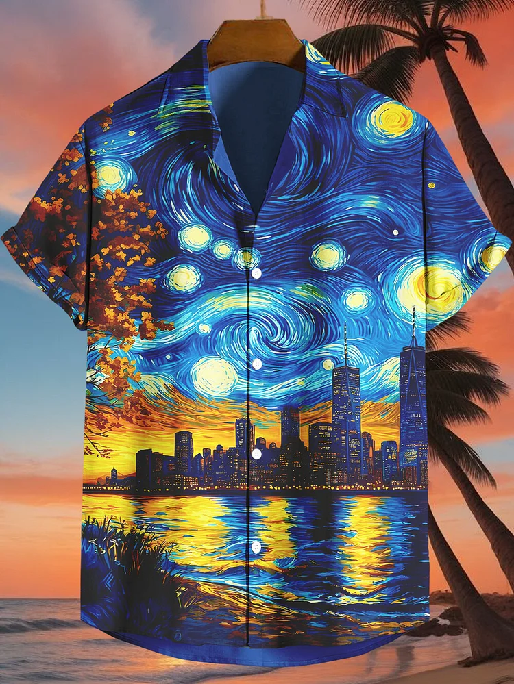 Men's Van Gogh Starry Sky Summer Night Art Print Shirt