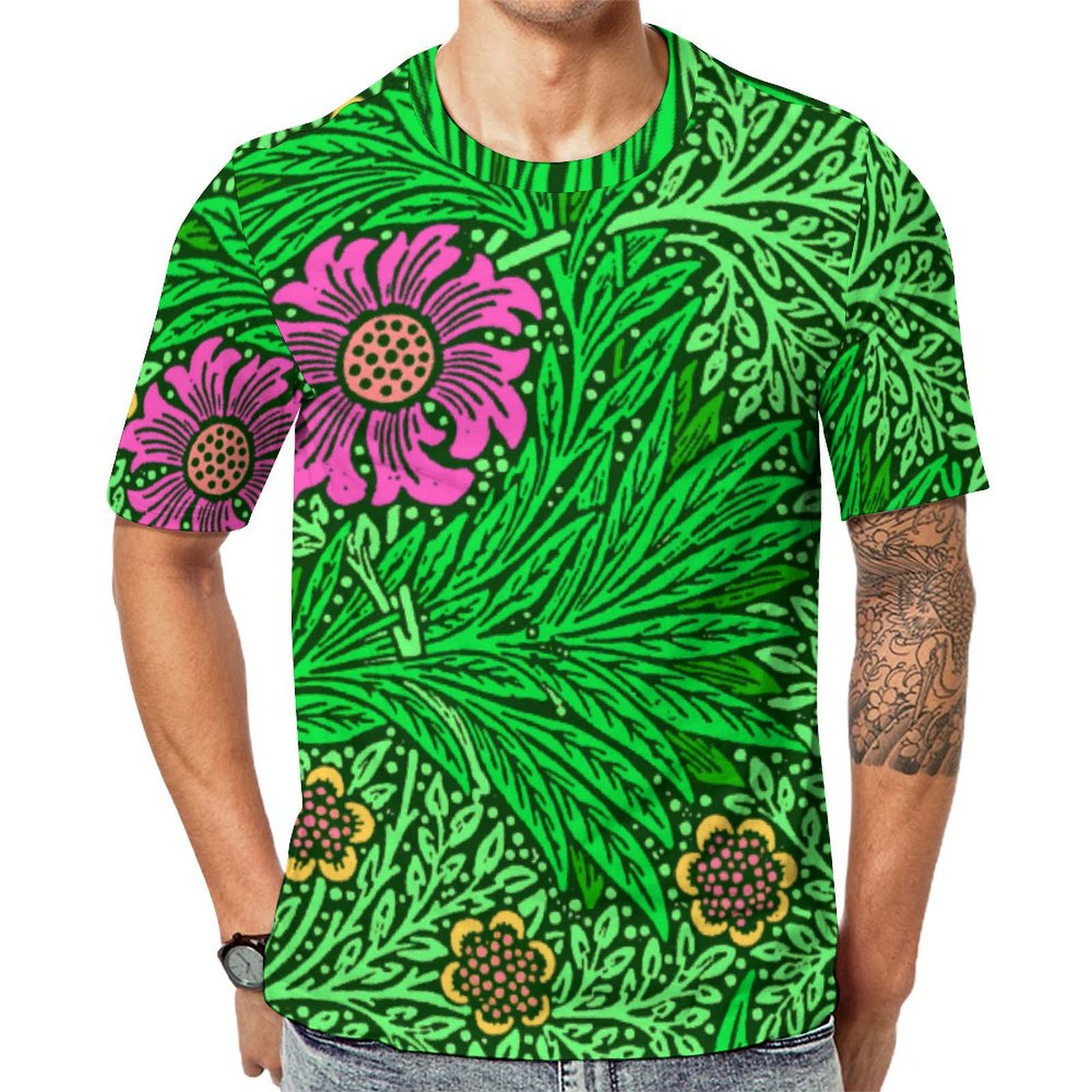 William Morris Marigold Emerald Green Fuchsia Short Sleeve Print Unisex Tshirt Summer Casual Tees for Men and Women Coolcoshirts