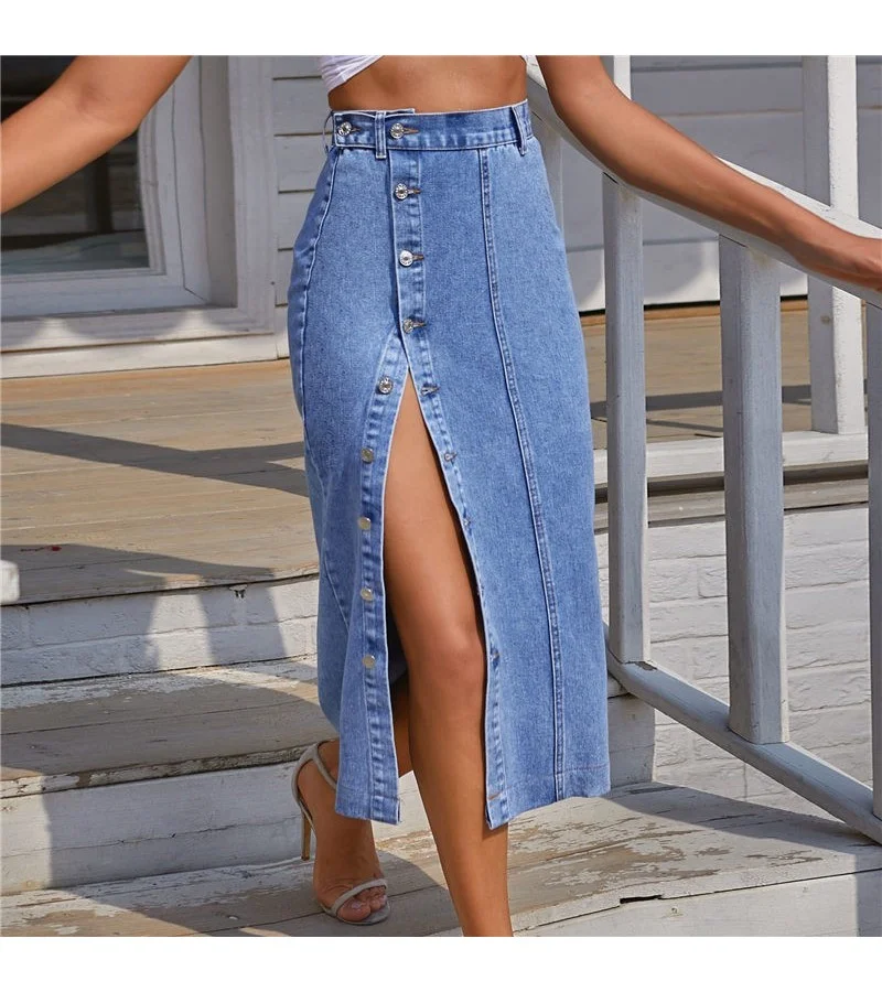 Women Fashion High Waist Single-Breasted Side-slit Skrit XS-L