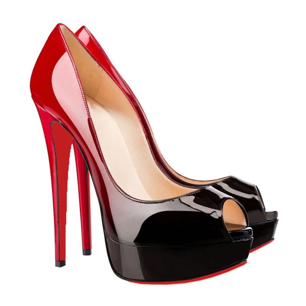 150mm Red Bottom Sky High Platform Pumps Gradient Color Red Black-MERUMOTE