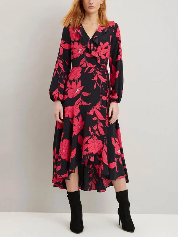 Black And Pink Ruffle Neck Wrap Dress