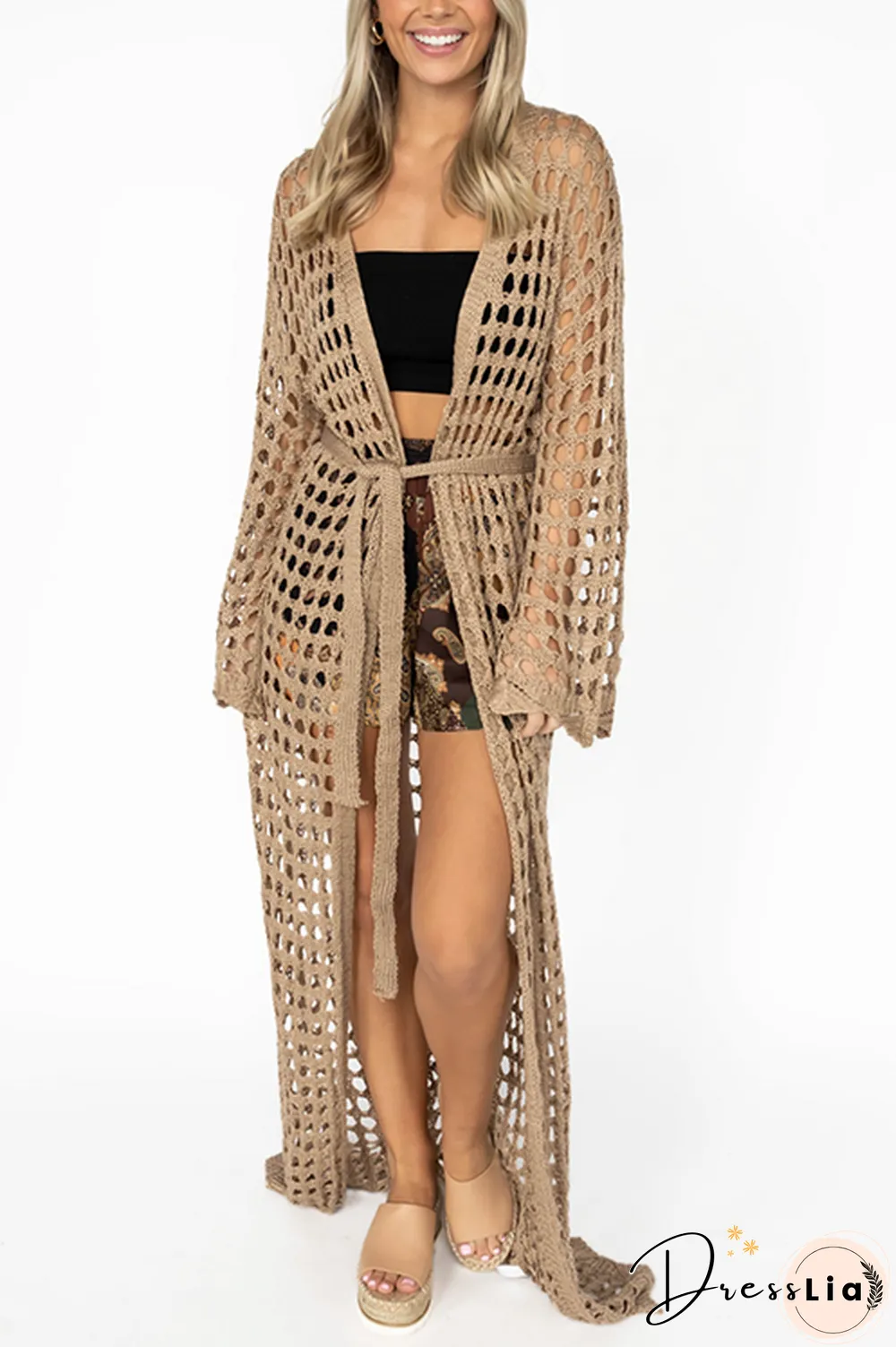 Knitted Pierced Solid Color Beach Coat