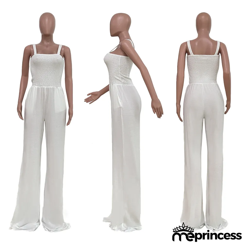 Women'S Solid Casual Strap Sleeveless Wide Leg Jumpsuit