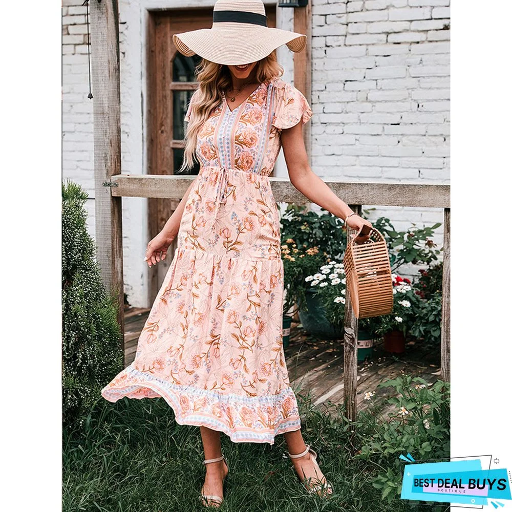 Dress High Waist Short Sleeve V-Neck Long Floral Dress