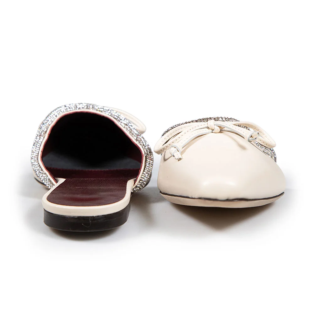 Beige Bow Closed Toe Rhinestone Embellished Flat Mules for Women