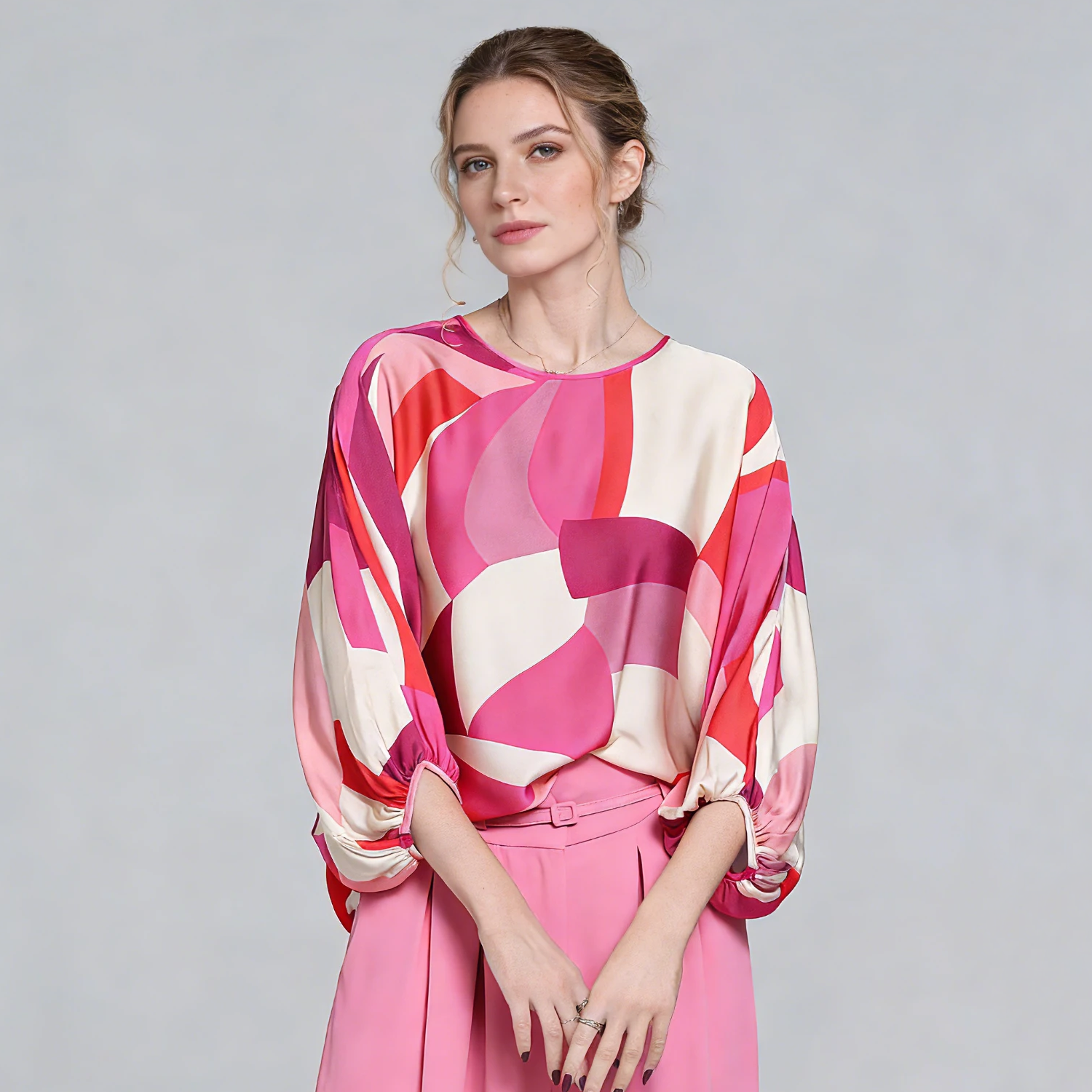 Silk Shirt Lantern Sleeves Loose Print Crew Neck REAL SILK LIFE