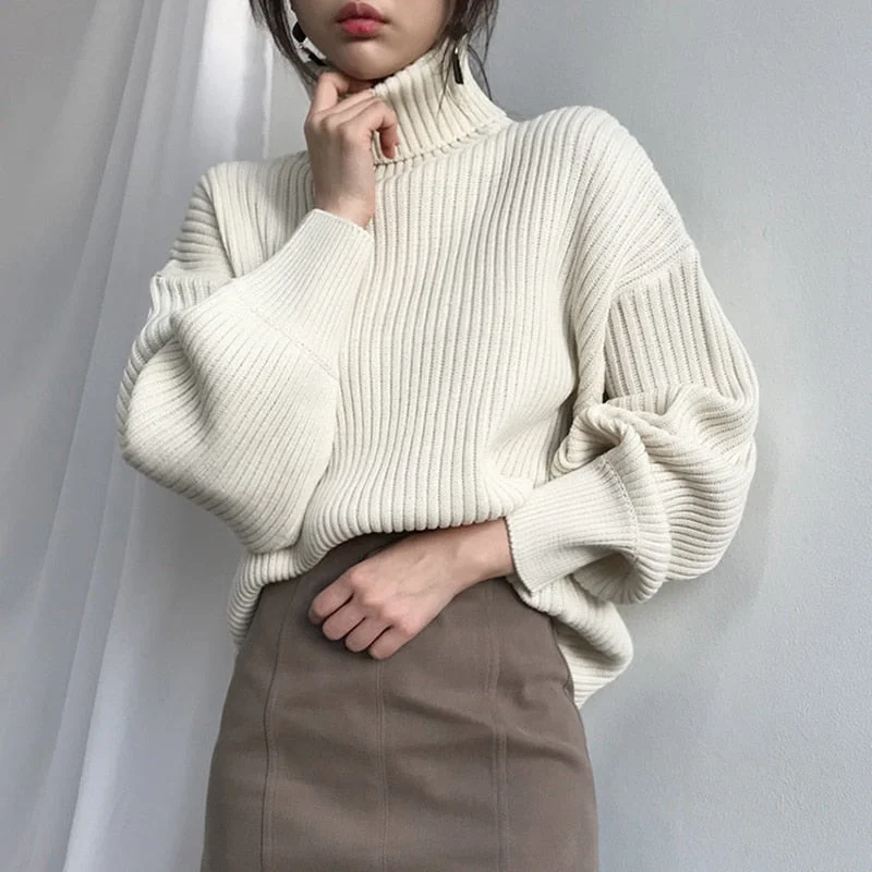 AOSSVIAO Vintage Thicken Striped Women Sweaters Autumn Winter Turtleneck Pullovers Jumpers Female Korean Knitted Tops femme 2021