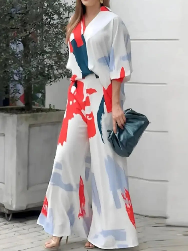 Ingvn - Women’s Shirt Pants Sets White Graphic Print 3/4 Length Sleeve Casual Daily Fashion V