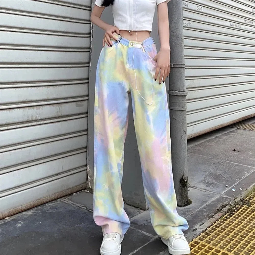 huibahe 2023 Spring Summer Women New Fashion Rainbow Jeans Tie Dye Harajuku Style Popular Casual Loose Straight Wide Leg Pants