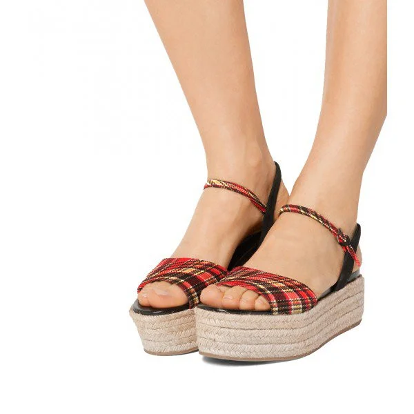Red Plaid Platform Sandals Open Toe Slingback Sandals |FSJ Shoes