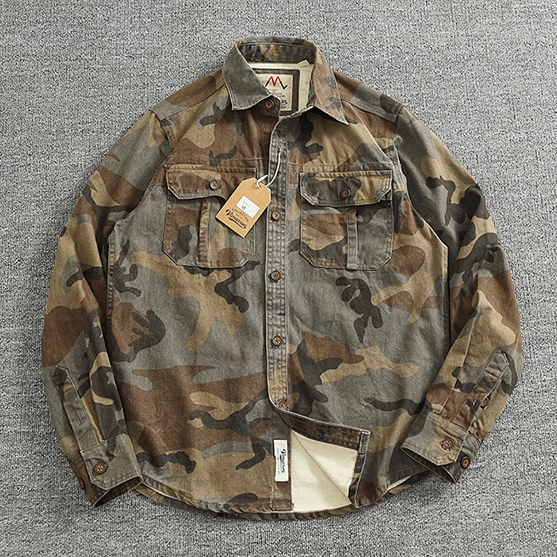 Men's Casual Cotton Distressed Washed Camouflage Shirt