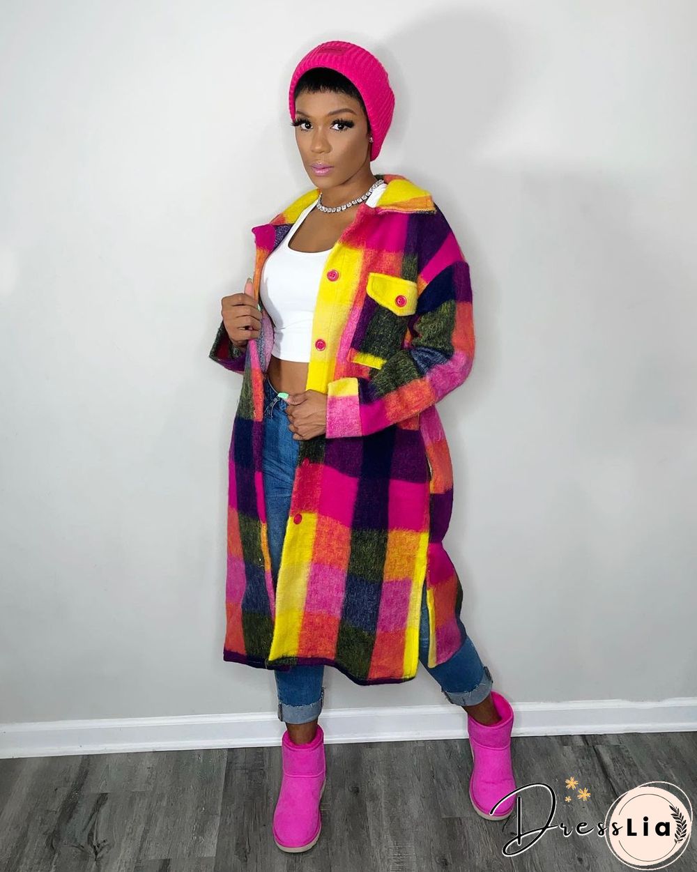 Plaid Lapel Single-breasted Woolen Long Coat