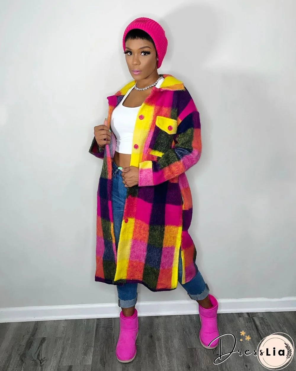 Plaid Lapel Single-breasted Woolen Long Coat