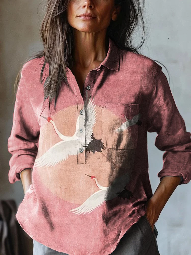 Women's Japanese Classic Flying Cranes Art Print Casual Cotton And Linen Shirt