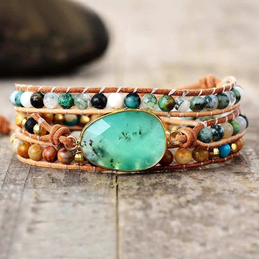 3 Layer Blue Green Beaded Wrap Around Bracelet