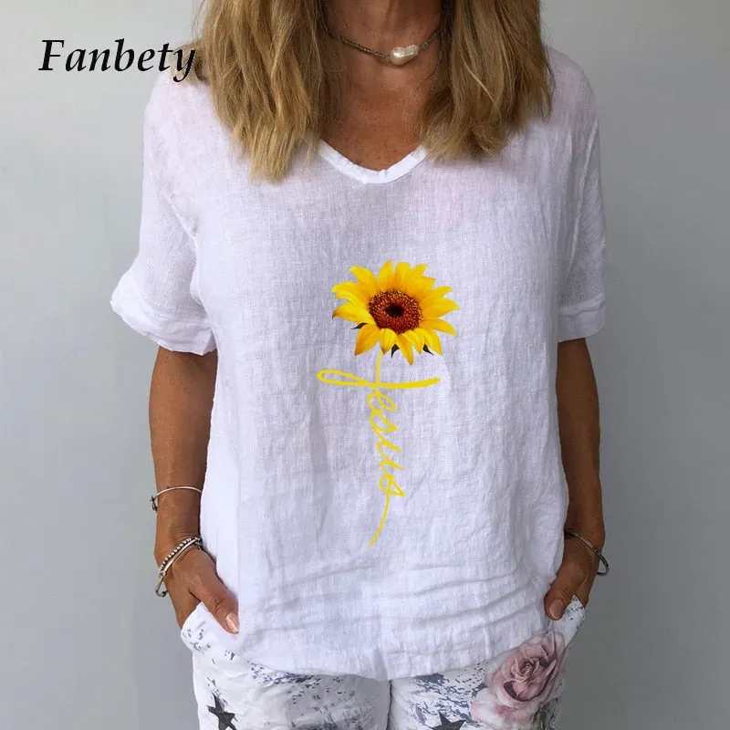Women Summer Cotton Linen Blouse Casual V Neck Short Sleeve Femme Blouse Shirt New Letter Print 2022 Blusas Womens Tops S-3XL