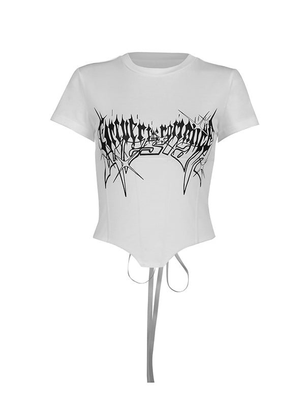 Gothic Dark Letter Printed Lace Up Corset Irregular Crew Collar Short Sleeve Slim Crop Top 9827