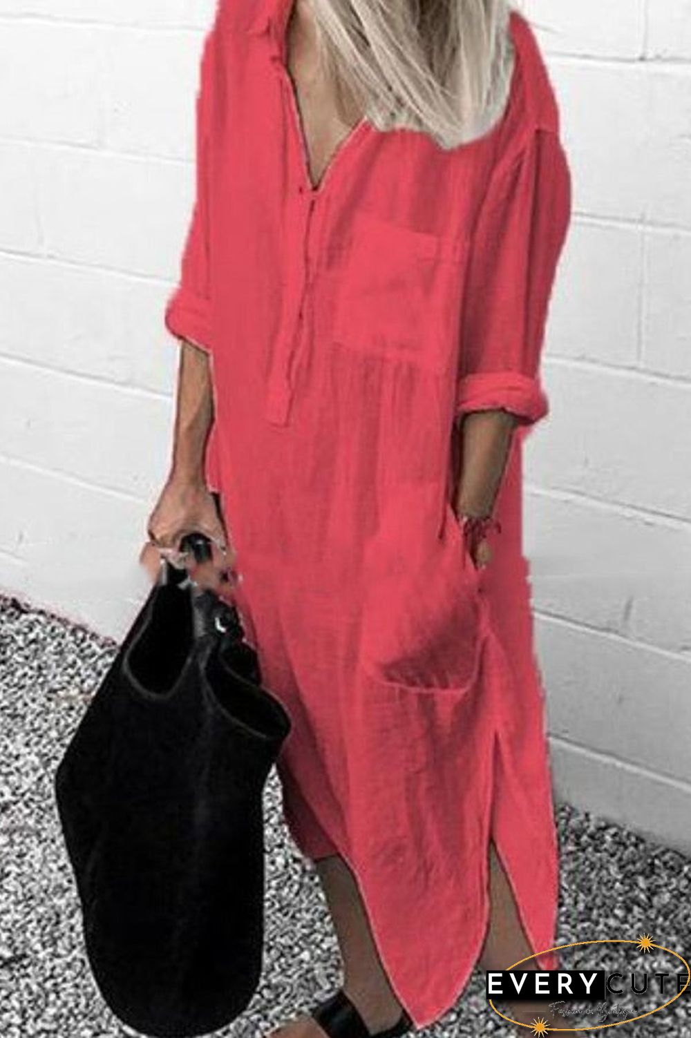 Casual Solid Color Split Shirt Dress