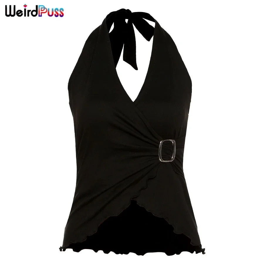 Weird Puss Y2K Halter Tank Tops Women Fashion Bandage Elegant Sleeveless Backless Button Asymmetry Solid Casual Streetwear Vest