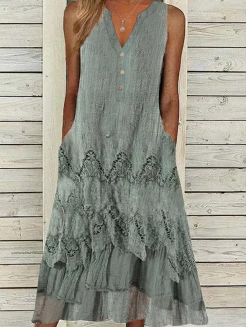 Solid Tunic V-Neckline Midi A-line Dress