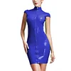 High Neck Wetlook Bodycon Mini Dress Women Short Sleeve Turtleneck Slim PVC Dress Ladies Full Zipper Dress Plus Size Clubwear