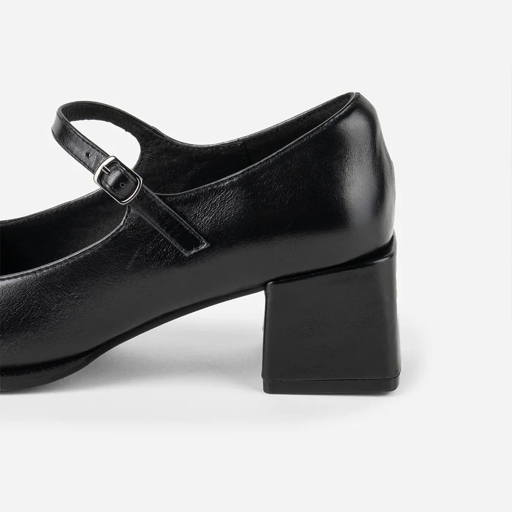 Women's Black Round Toe Mid Block Heel Mary Jane Pumps with Buckle