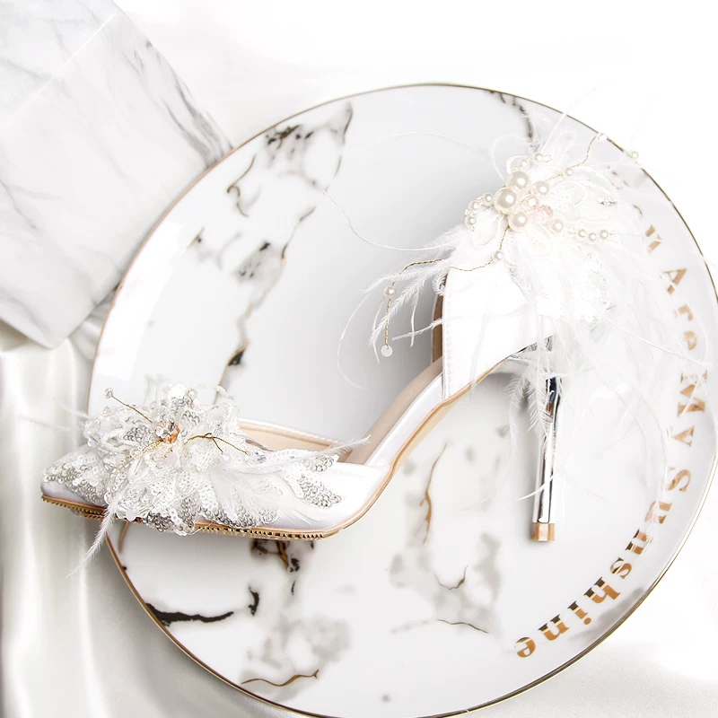 GOOSHOE White Sequined Bridal Stiletto Heels Wedding Pumps