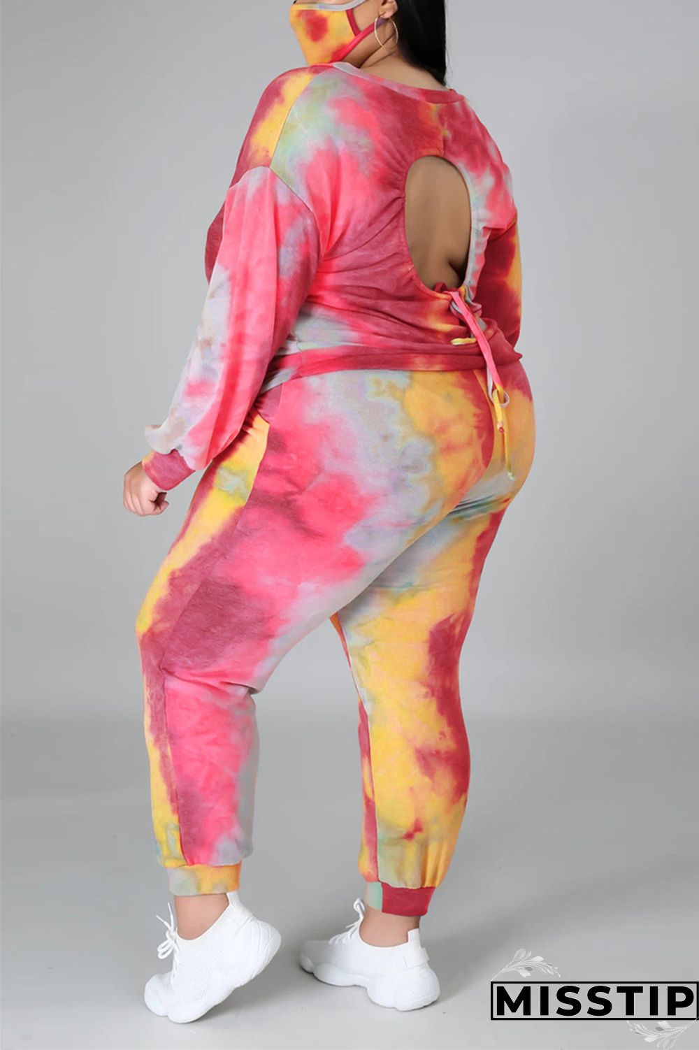 multicolor Fashion Casual Print Tie Dye Tie-dye Backless O Neck Plus Size Set