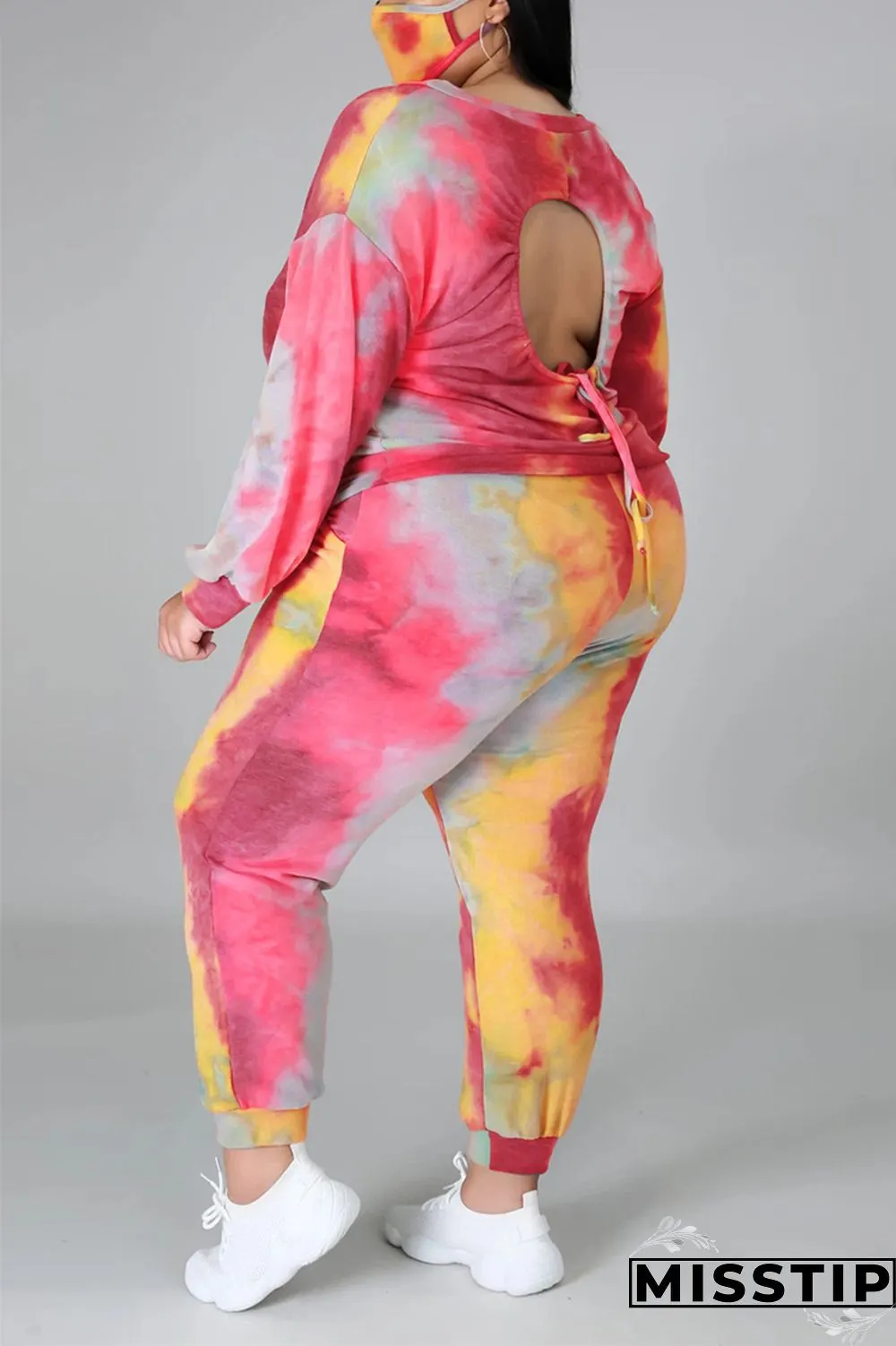 multicolor Fashion Casual Print Tie Dye Tie-dye Backless O Neck Plus Size Set