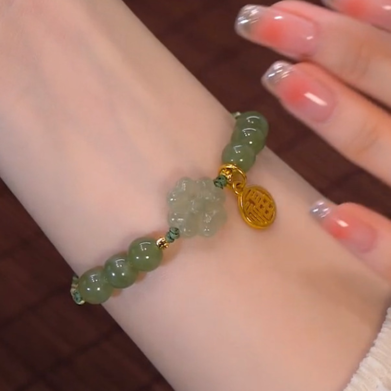 Lucky flower Emerald Jade stone braided cord bracelet