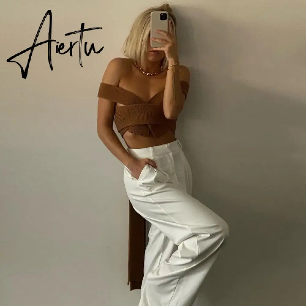 Fall Winter Knitted Crop Tops Sweaters Sleeveless Pullover Female Bandage Sweater Solid Chic Fashion Top Women Aiertu