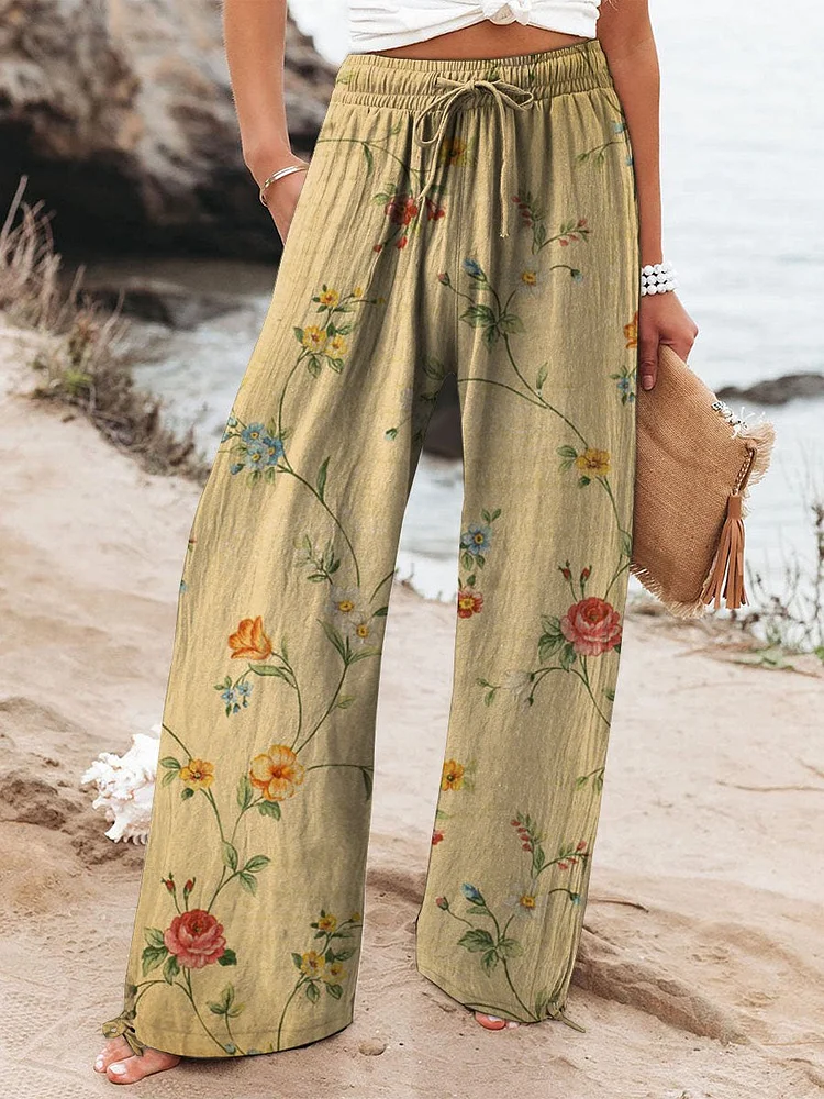 Women's Vintage Floral Art Printed Cotton And Linen Casual Pants