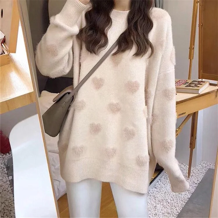 Knitted Sweater Women Printed Pullovers Ladies Heart Print Warm Outfits O Neck Sweat Style Jumper Korean Streetwear Sueter Mujer