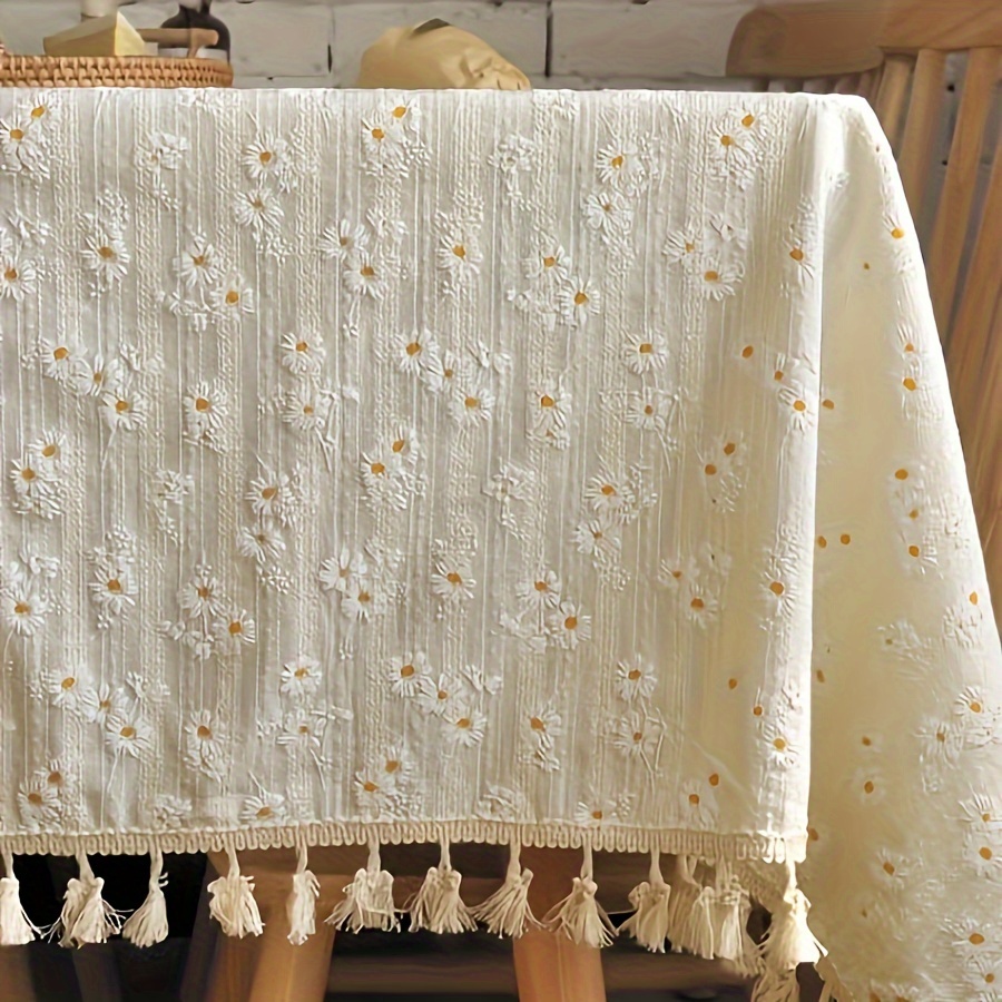 Chic Daisy Pattern Tassel Tablecloth - Linen Blend, Square, Handcrafted for Picnics & Festive Parties, Perfect for Home Decor