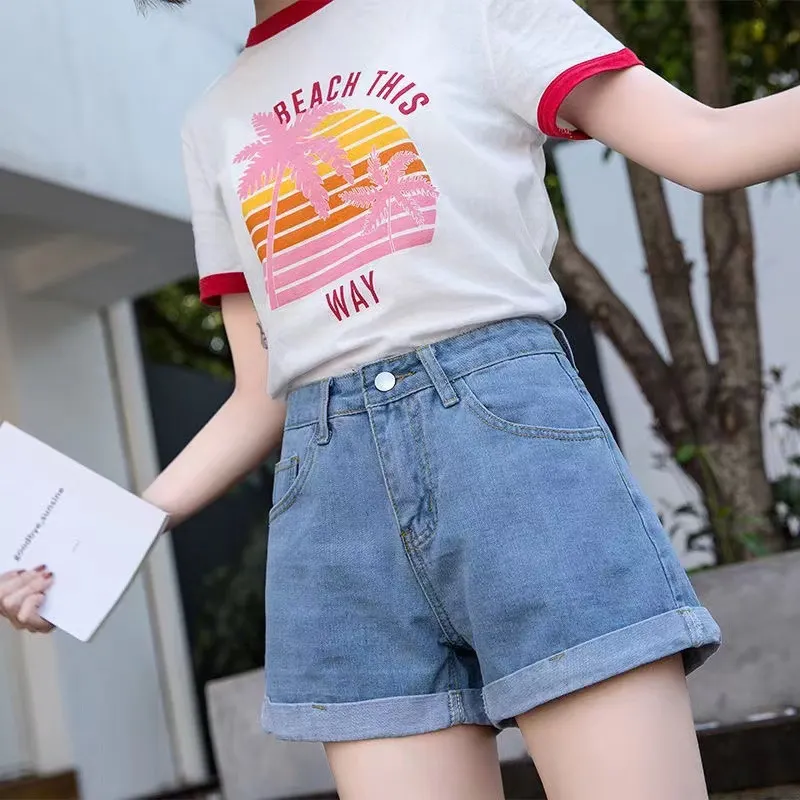 Brownm Brownm Waist Black Denim Shorts Female Summer Students Loose Thin A-Word Wide Leg Pants Hot Pants Korean Version Tide