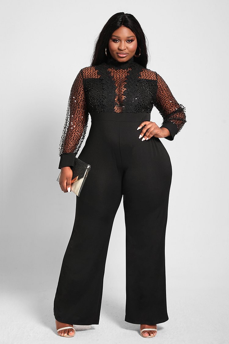 Xpluswear Design Plus Size Party Black See-Through Sequin Mesh Lace High Waist Wide Leg Jumpsuit